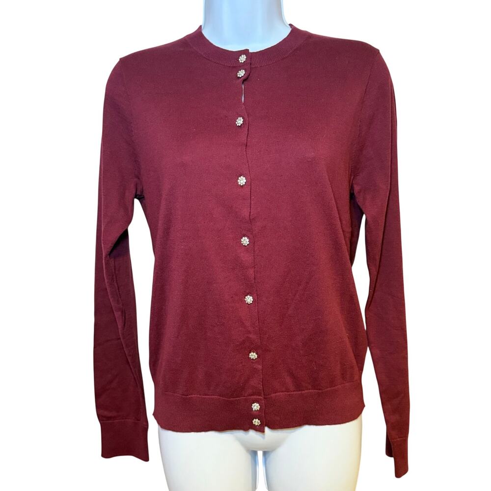 J.Crew Classic Burgundy Cardigan Sweater Jeweled Buttons Size Medium NWT - Picture 2 of 7